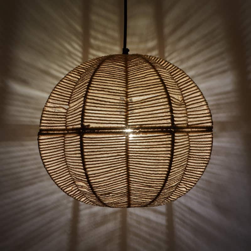 River of Goods Black and Ivory Jute and Metal 19-Inch Globe Pendant Light with Adjustable Hanging Cord - 19" x 19" x 73"