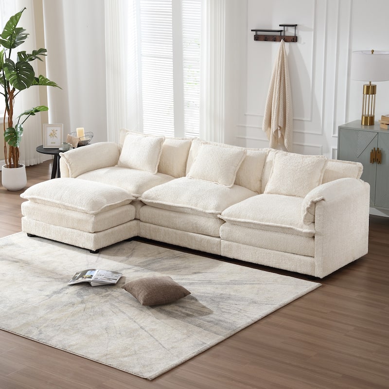 Chenille Fabric L-Shape Comfy Oversized three-seat Modular Sectional Sofa - Beige