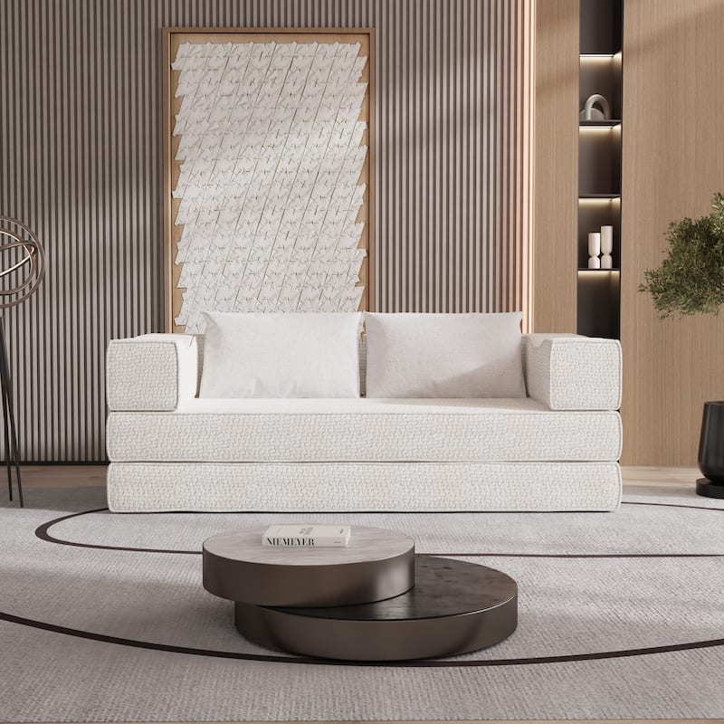 80" Convertible Sofa Bed with 2 Pillows, 2-Seat Folding Floor Couch, Multifunctional Chenille Loveseat Living Room Sleeper Sofa