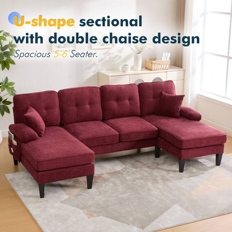 HOMEFUN Linen Upholstered U-Shaped 4-seater Tufted Wood Frame Sectional Sofa with Side Pocket