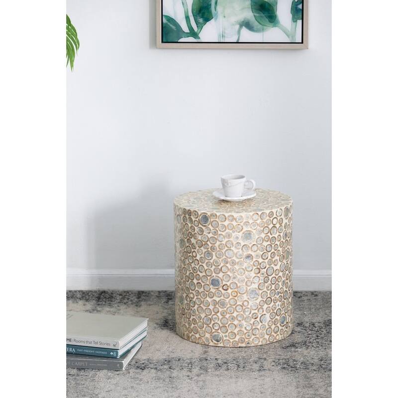 Abstract Dotted Cylindrical Capiz Stool - 15.75" - White and Gold