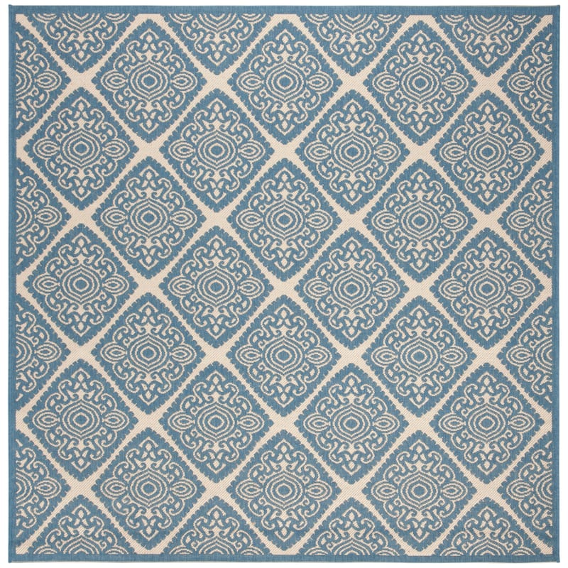 SAFAVIEH Beach House Phyllis Indoor/ Outdoor Waterproof Patio Backyard Rug - 6'7" Square - Cream/Blue