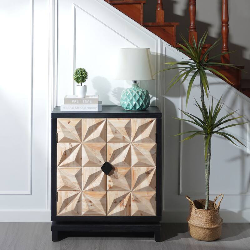 3D Geometric Carved Double-Door Cabinet - Manufactured Wood Storage Cabinet, Modern Decorative Furniture