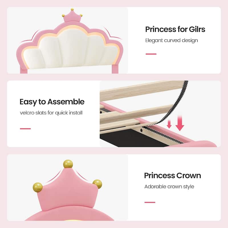Bed Frame LED Lights Girls Bed Princess Crown Velvet Upholstered Platform Bed