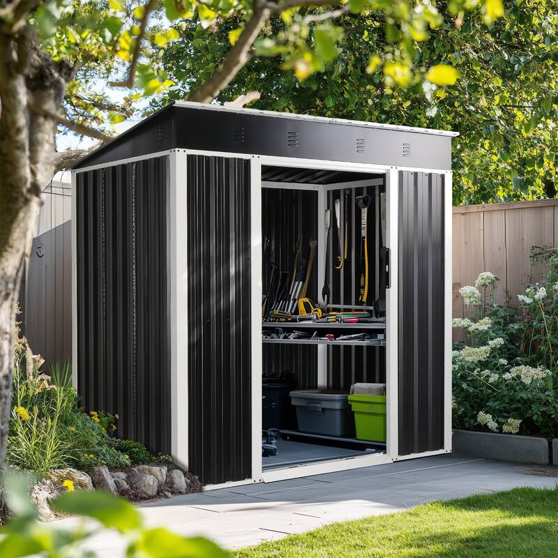 6 x 4 Ft Outdoor Storage Shed Black Galvanized Iron Garden Tool Organizer with Locking Sliding Doors - 75.6" x 49" x 73.2"