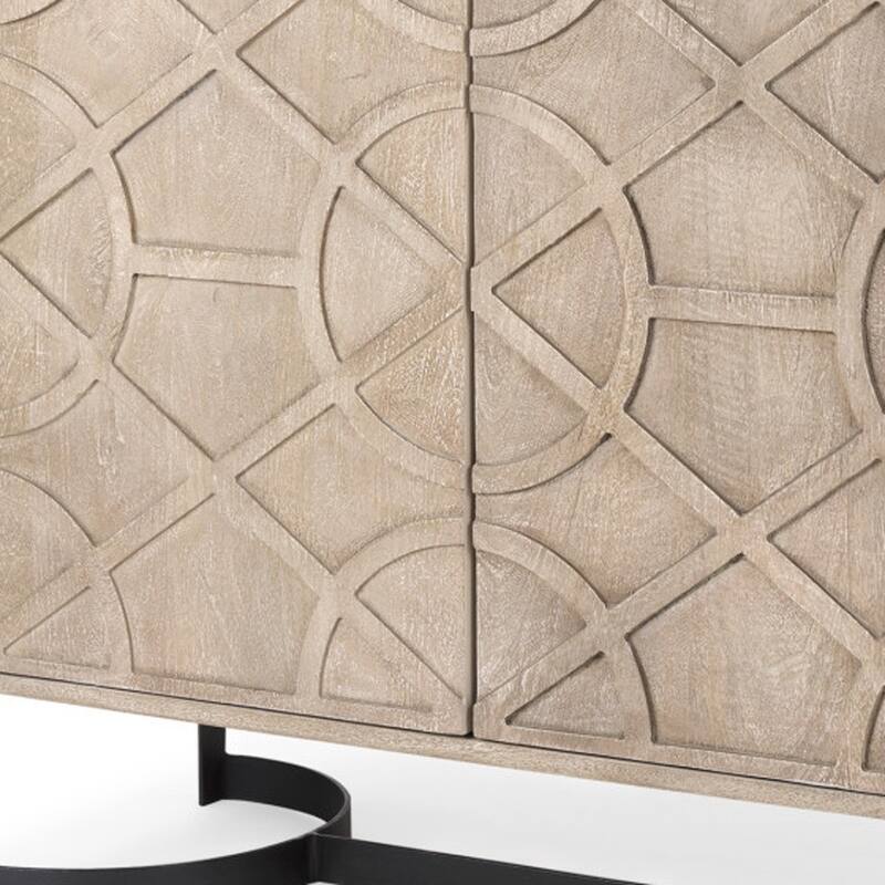 HomeRoots 37" Brown and Black Solid Wood and Metal Carved Geometric Accent Cabinet With Two Doors