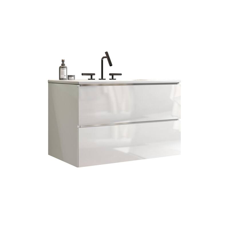 36-Inch Wall Mount Bathroom Vanity in Space Grey with Ceramic Sink, Large Storage