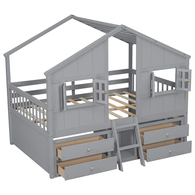 Full Size House Loft Bed with Roof, Windows, 4 Drawers, Safety Guardrails, Ladder, Grey