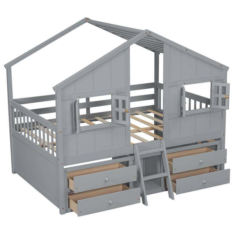 Full size Pine Wood House-Themed Loft Bed with Roof, Windows, 4 Storage Drawers, and Safety Guardrails