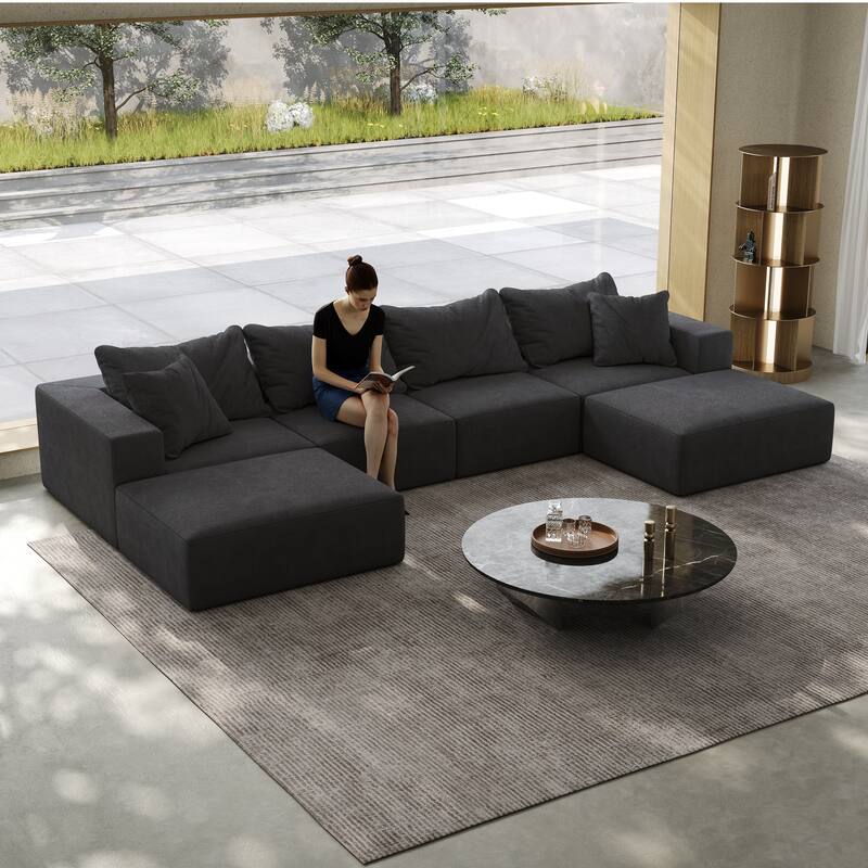 Modular L Shaped Sectional Sofa with Ottoman, Oversized Chenille Cloud Sofa, Upholstered 6 Seater Sofa with 6 Pillows