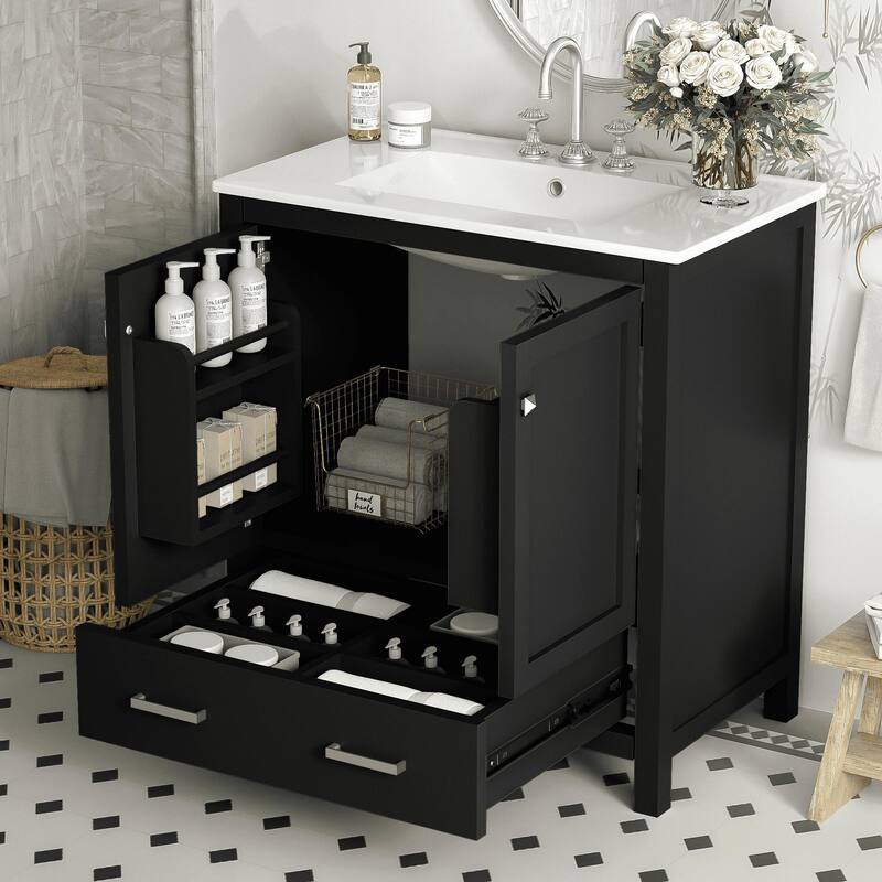 30 Inch Freestanding Bathroom Vanity with Rectangular Ceramic Sink, Two Doors, and Storage Drawer - Elegant Finish - Black