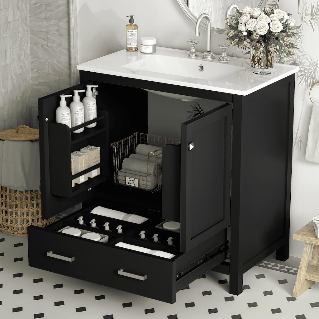 30 Inch Freestanding Bathroom Vanity with Rectangular Ceramic Sink, Two Doors, and Storage Drawer - Elegant Finish
