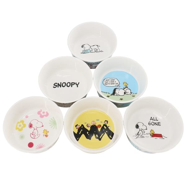 Classic Snoopy 6 Piece 5 Inch Stoneware Pet Bowl Set in Assorted 