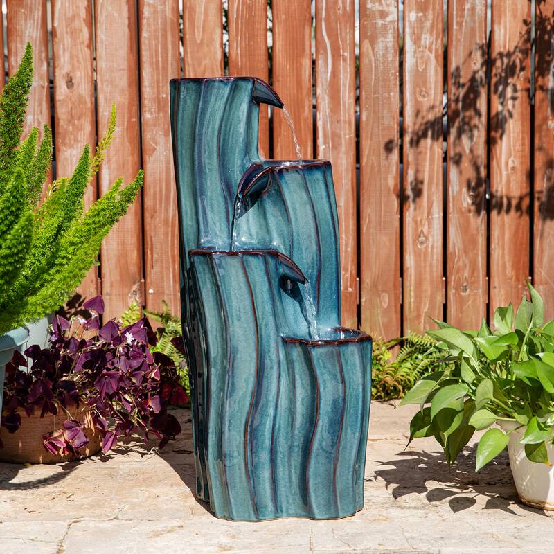 Glitzhome 29.5"H 4-Tiered Wavy Textured Outdoor Ceramic Floor Fountain with LED Light