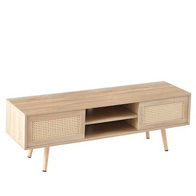TV Stand For 55 Inch TV Entertainment Center With Adjustable Shelf Rattan TV Console With 2 Sliding Doors For Living Room