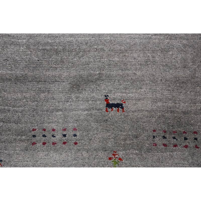 Hand Knotted Oriental 100% Wool Carpet Tribal Animal Pictorial Greys & Charcoal Gabbeh Runner Rug - 7' 9'' X 2' 7''