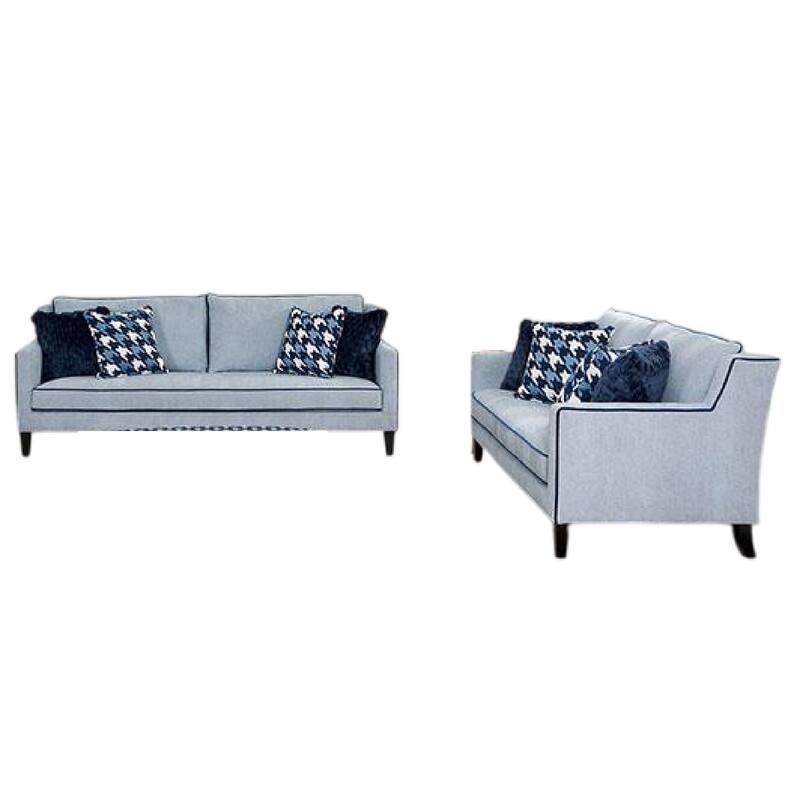 Colin 2pc Sofa and Loveseat Set, 8 Throw Pillows, Gray, Blue Polyester