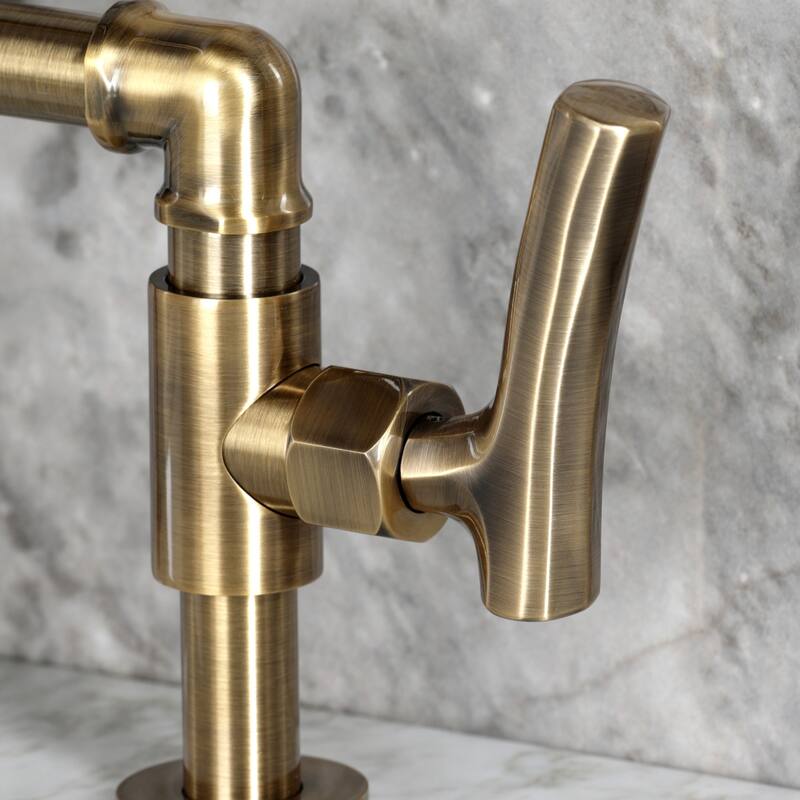 Kingston Brass Hallerbos Two-Handle 4-Hole Deck Mount Bridge Bathroom Faucet with Brass Pop-Up Drain