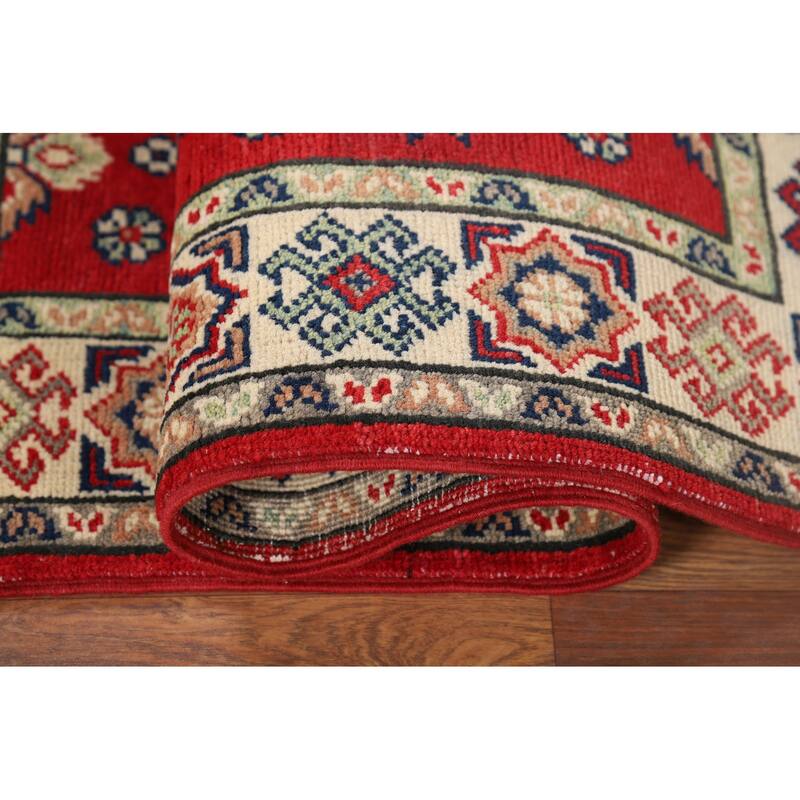 Kazak Oriental Accent Rug Hand-Knotted Red Geometric Wool Carpet - 2'8" x 4'2"