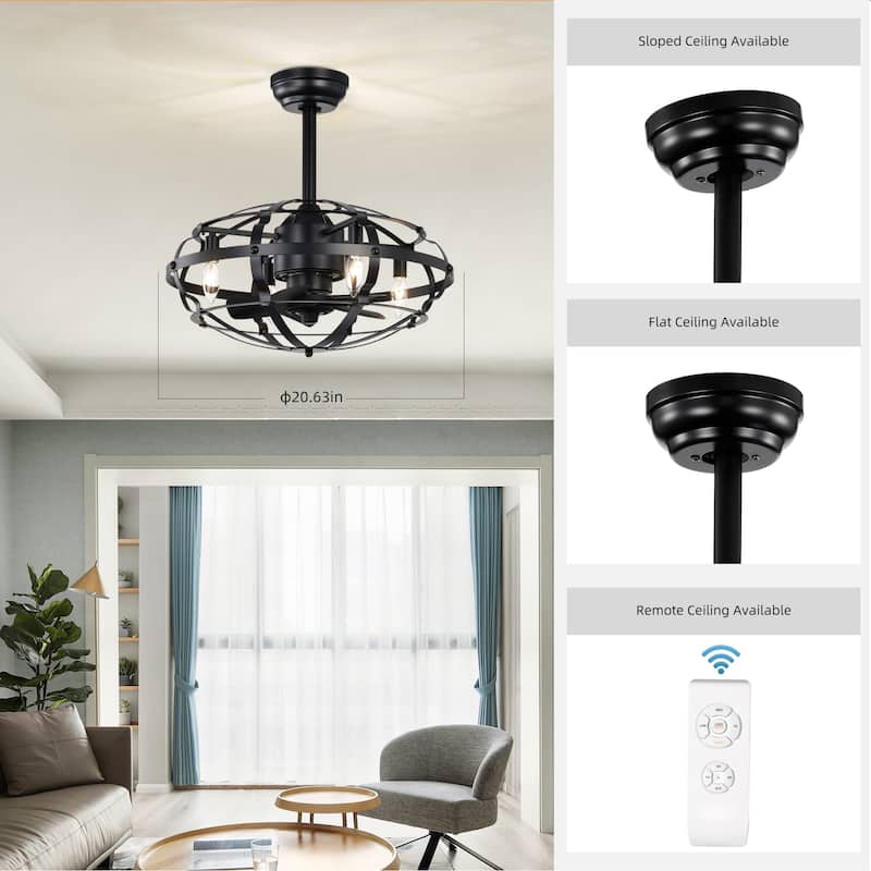 Cusp Barn Modern Enclosed Caged Ceiling Fan with Remote Control, Farmhouse Bladeless Rust Industrial Light Fixture for Bedroom