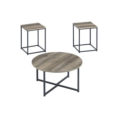 Wooden Table Set with Sturdy Metal Base, Set of Three, Gray and Brown - 16.13 H x 31.5 W x 31.5 L Inches