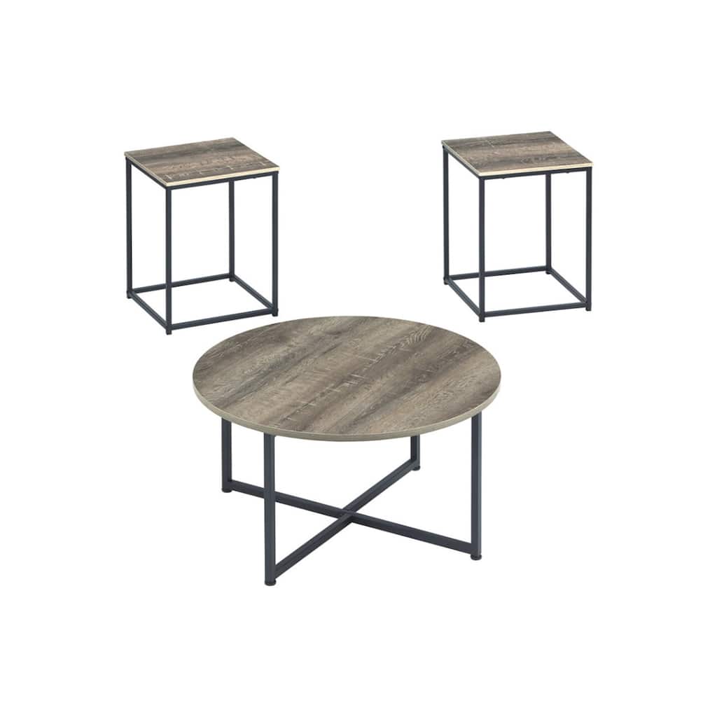 Wooden Table Set with Sturdy Metal Base, Set of Three, Gray and Brown - 16.13 H x 31.5 W x 31.5 L Inches