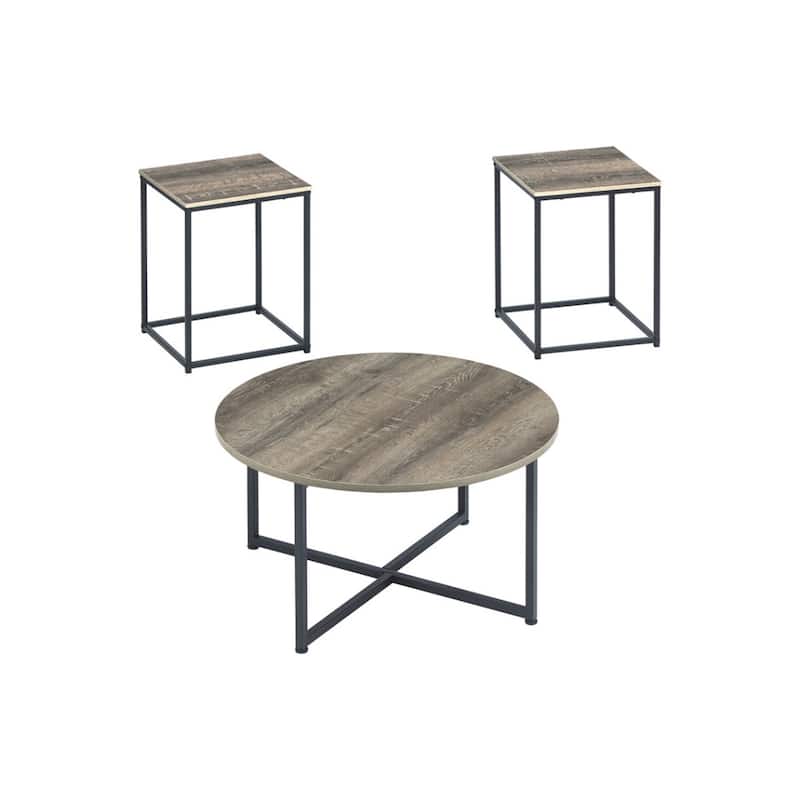 Wooden Table Set with Sturdy Metal Base, Set of Three, Gray and Brown - 16.13 H x 31.5 W x 31.5 L Inches