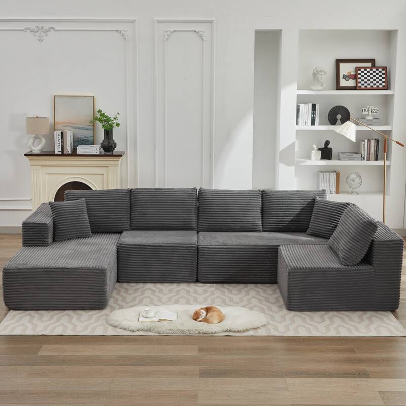 Modular Sectional Sofa with L-Shape Chaise, Oversized Corduroy Upholstered Cloud Sofa, Deep Seat Sofa with 2 Throw Pillows