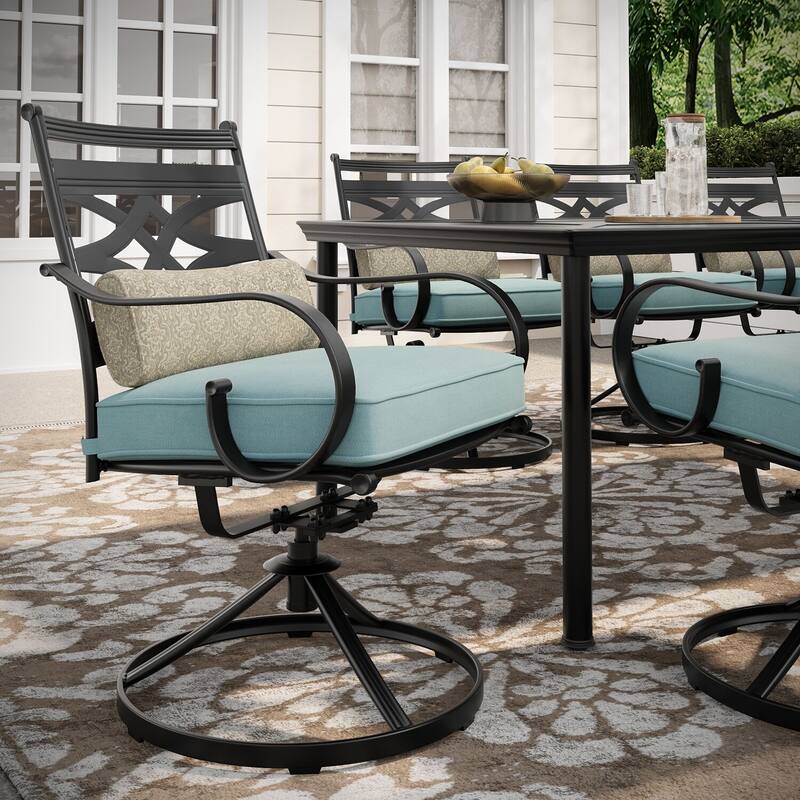 Hanover Montclair 9-Piece Dining Set in Ocean Blue with 8 Swivel Rockers and a 42-In. x 84-In. Table