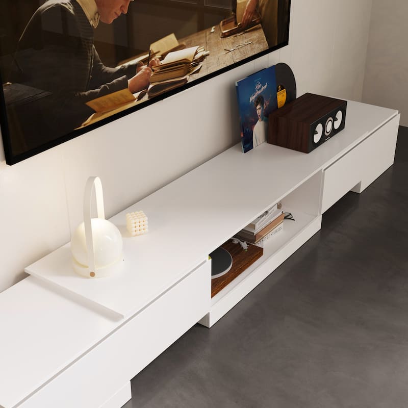 Sleek Entertainment Center with Drawers and Open Shelves