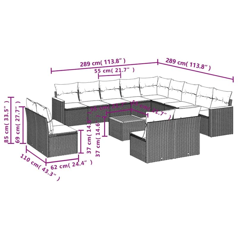 vidaXL Patio Sofa Set with Cushions Outdoor Conversation Furniture Poly Rattan - 24.4 x 24.4 x 27.2 in