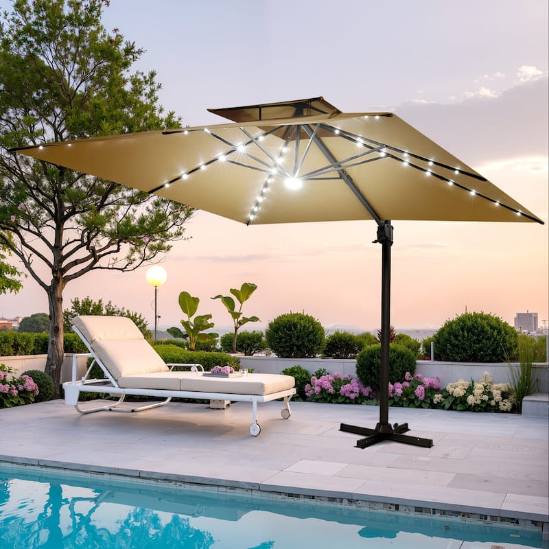 Pellebant 9x11FT Outdoor Dual Top Cantilever Patio Umbrella LED Light - Tan