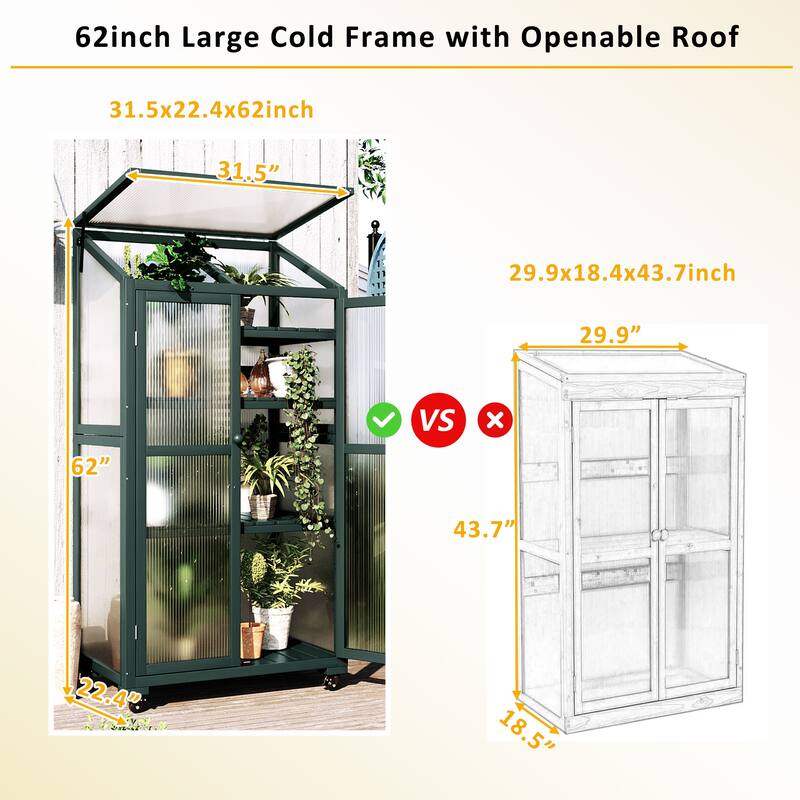 Roomfitters 62" Wood Greenhouse Cold Frame with Wheels and Adjustable Shelves for Indoor Outdoor Use, Green