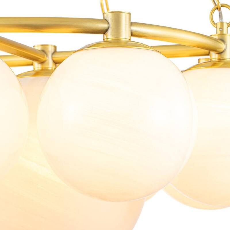 9-Light Mid-century Aged Brass Opal Cloud Glass Dimmable Chandelier