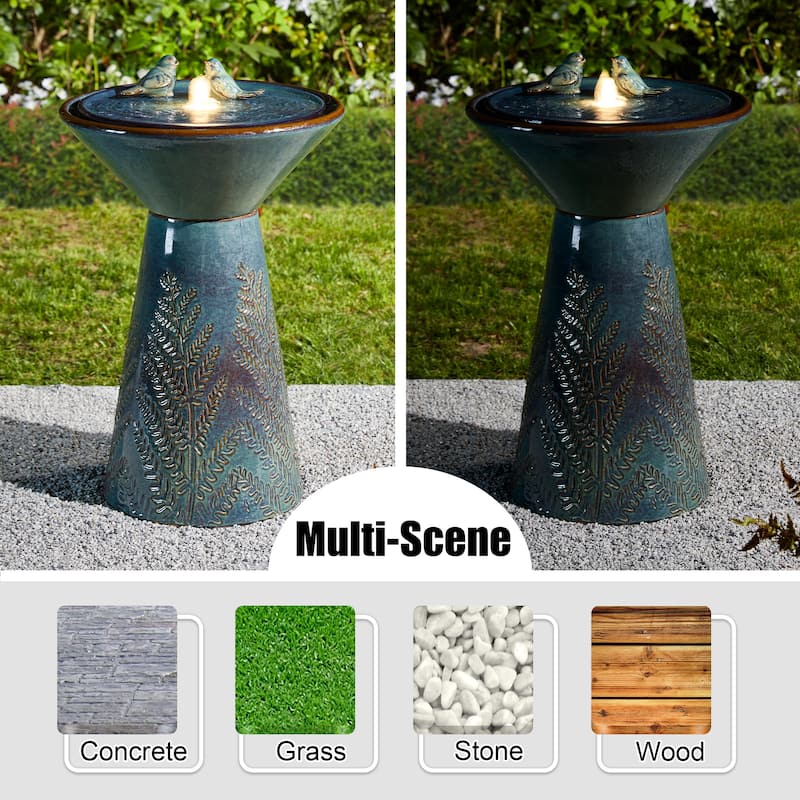 Glitzhome 27.5"H Two Birds Embossed Ceramic LED Birdbath Patio Outdoor Fountain