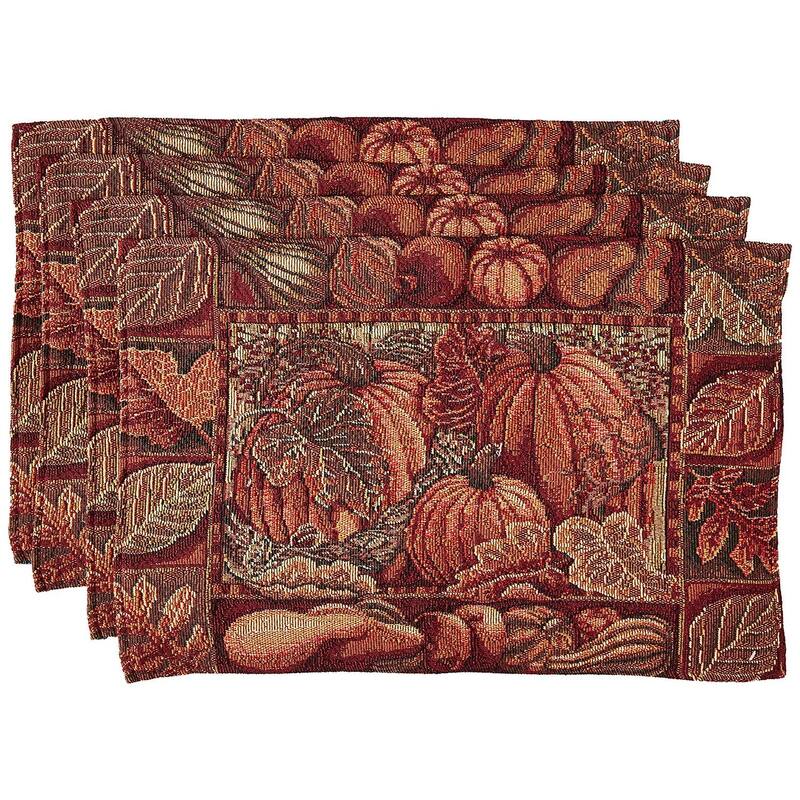 Violet Linen Fall Harvest Thanksgiving Autumn Leaves Sunflowers, 13" X 19" Rectangler, Set of 4, Decorative Place Mats - 13" X 19" - Pumpkins