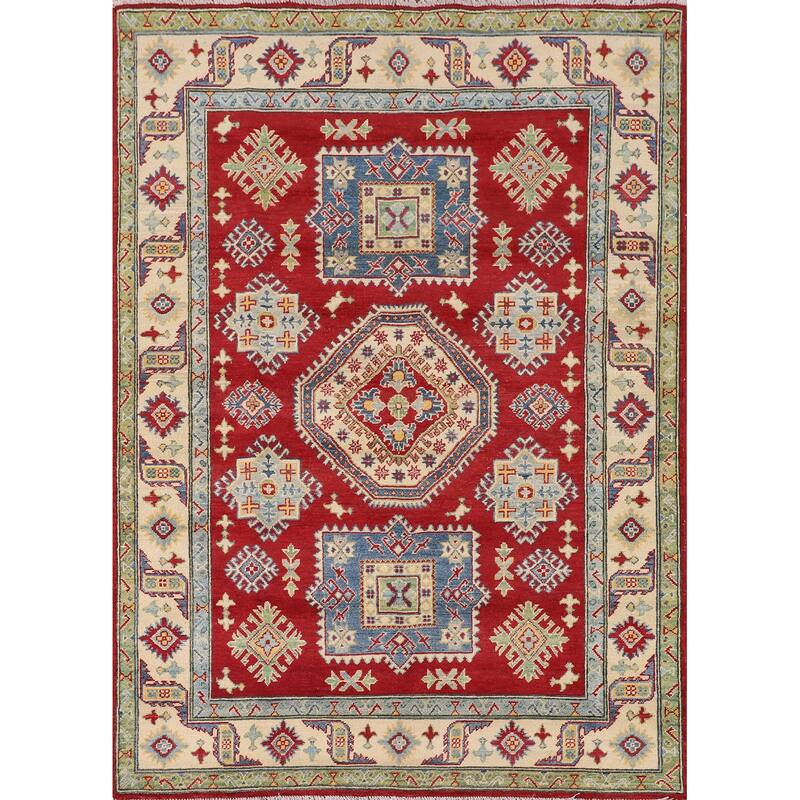 Red Kazak Oriental Area Rug Handmade Geometric Wool Carpet - 5'1" x 6'9"