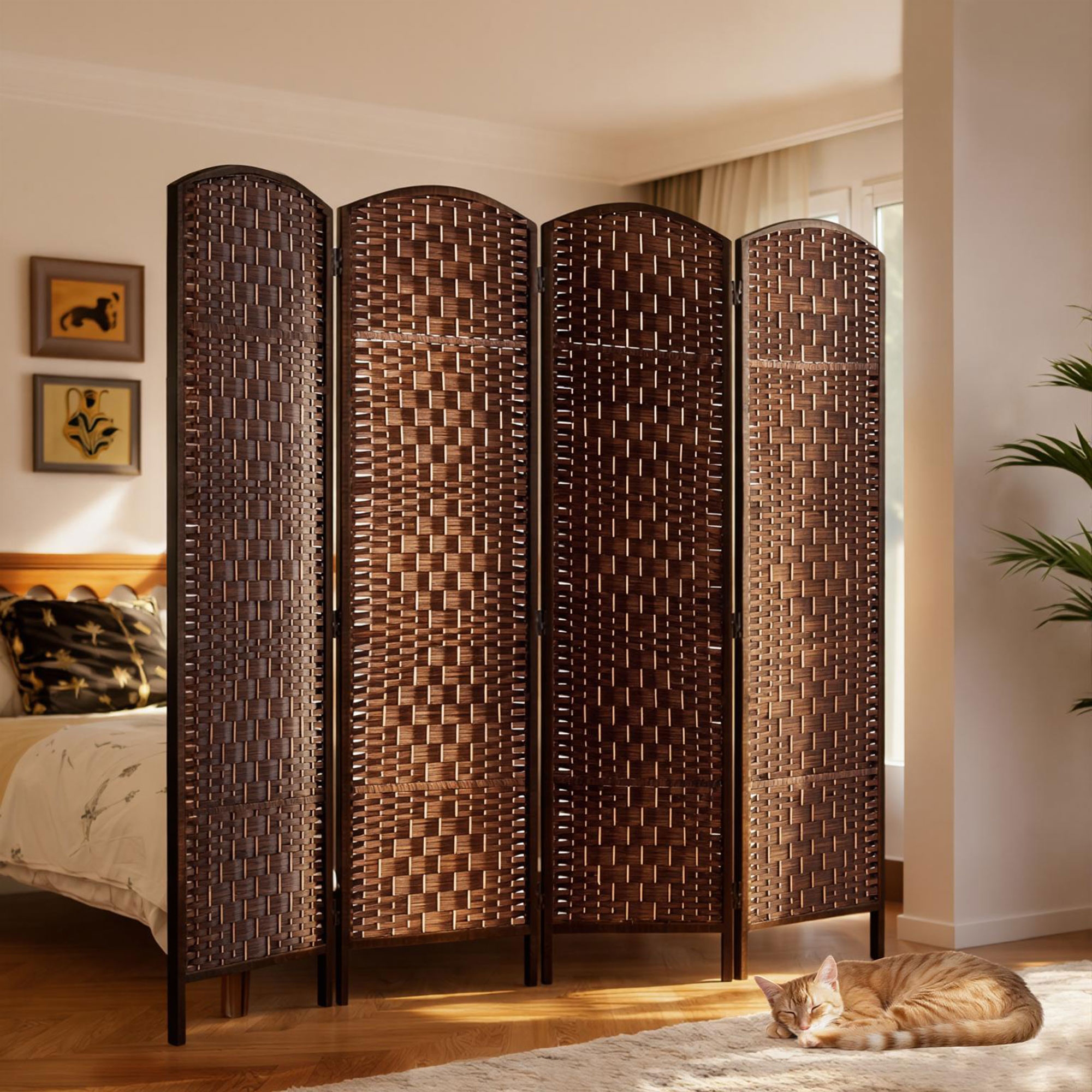 HomCom 6' Tall Wicker Weave Four Panel Room Divider Privacy Screen - Chestnut Brown