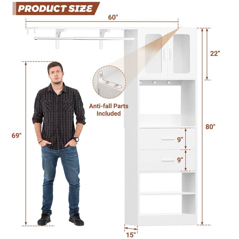 Rackcog Closet System with Doors and Drawers, Storage Organizer with DIY Shelving for Walk-in Closet