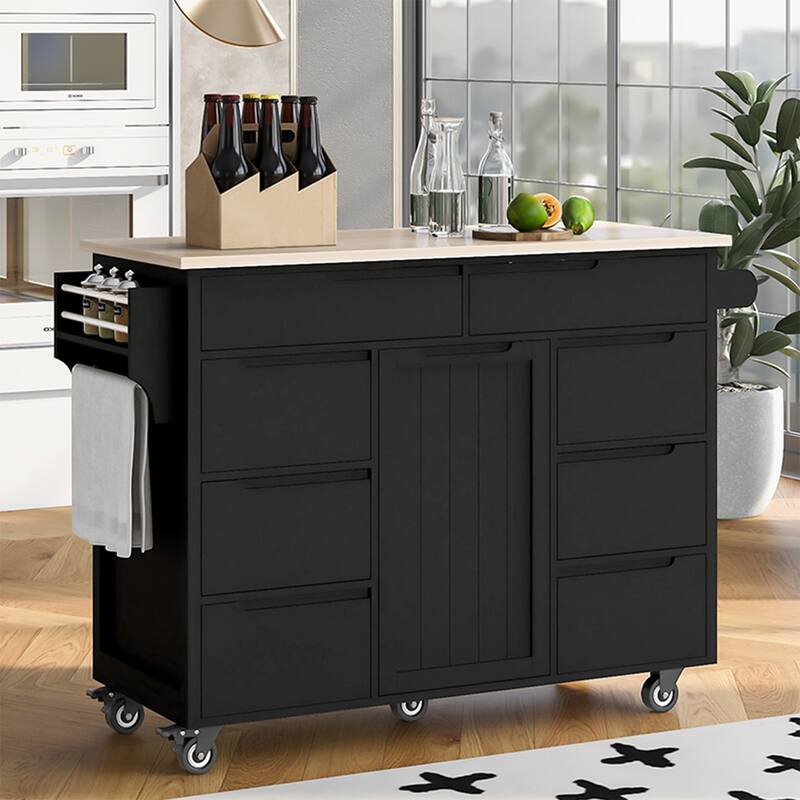 Kitchen Cart With Rubber Wood Countertop, Large Storage Space Flatware Organizer With Spice Rack, Towel Rack