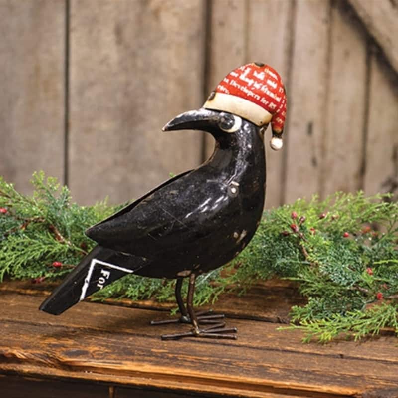 Black Metal Santa Hat Crow Figurine with Patchwork Design and Rustic Finish - 12 x 3 x 10.50 in