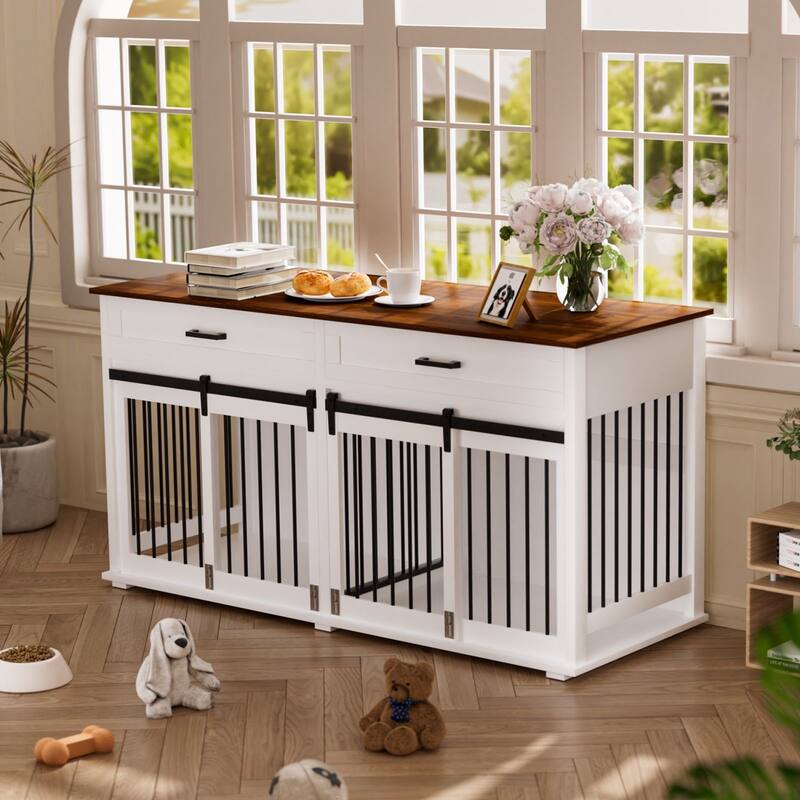 VEIKOUS Double Wooden Dog Cage Table, Large Dog Crate with 2 Large Drawers & Safety Locks - 5'×2'