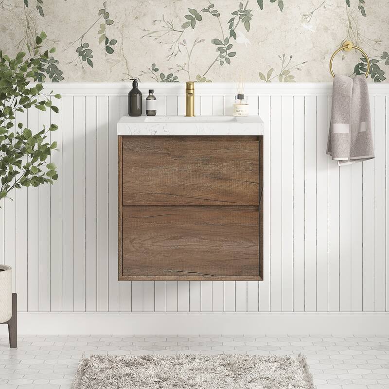Sylphar 24 inch Bathroom Vanity with Sink, Floating Oak Cabinet with Stone Top - 1 Set Of Antique Oak Vanity