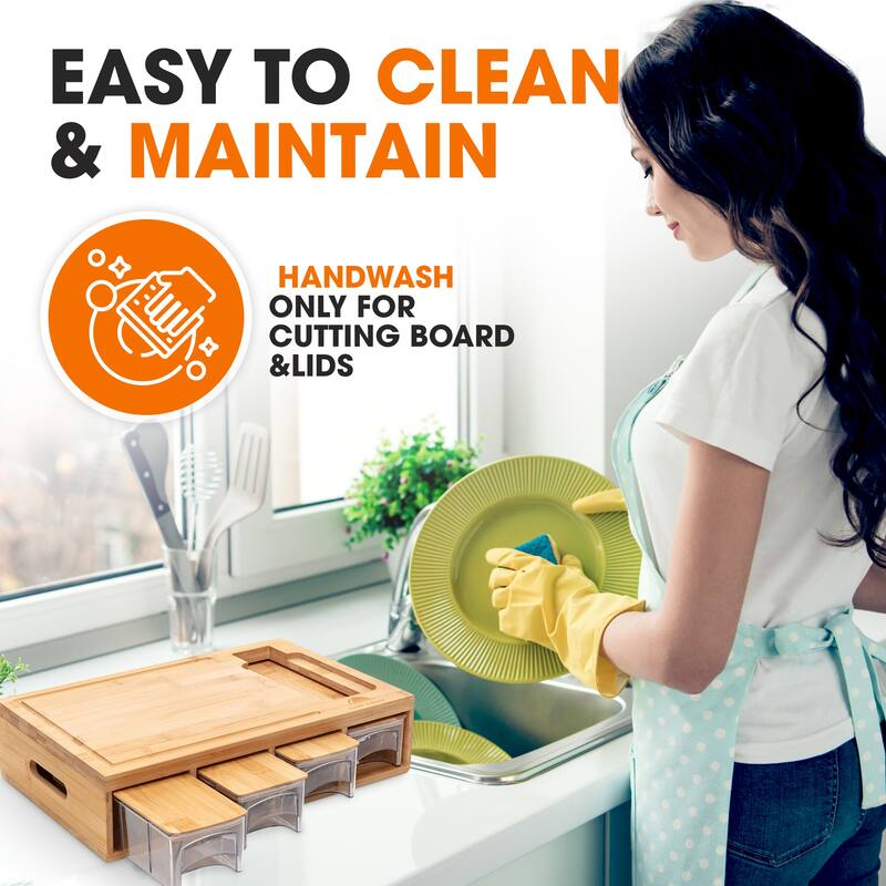 Cheer Collection Bamboo Cutting Board with 4 Graters and 4 Storage Trays