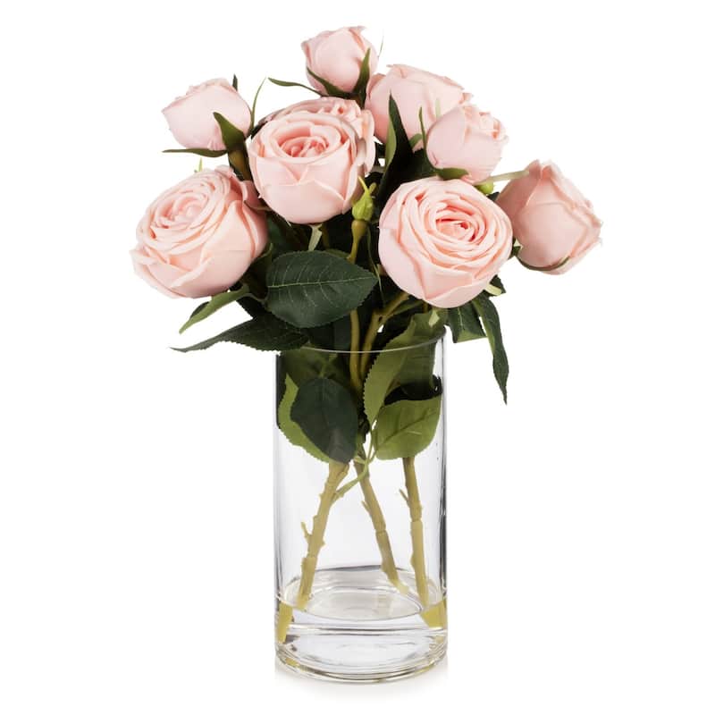 Enova Home Artificial Silk Rose Flowers in Clear Glass Vase with Faux Water for Home Office Wedding Decoration - N/A