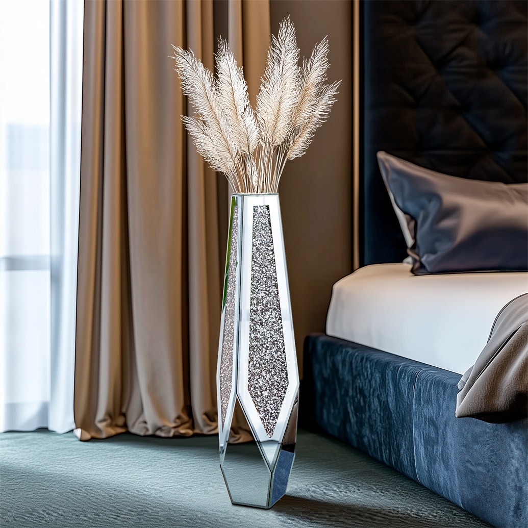 28” Tall Crushed Diamond Mirrored Flower Vase Crystal Silver Floor Flower Vase