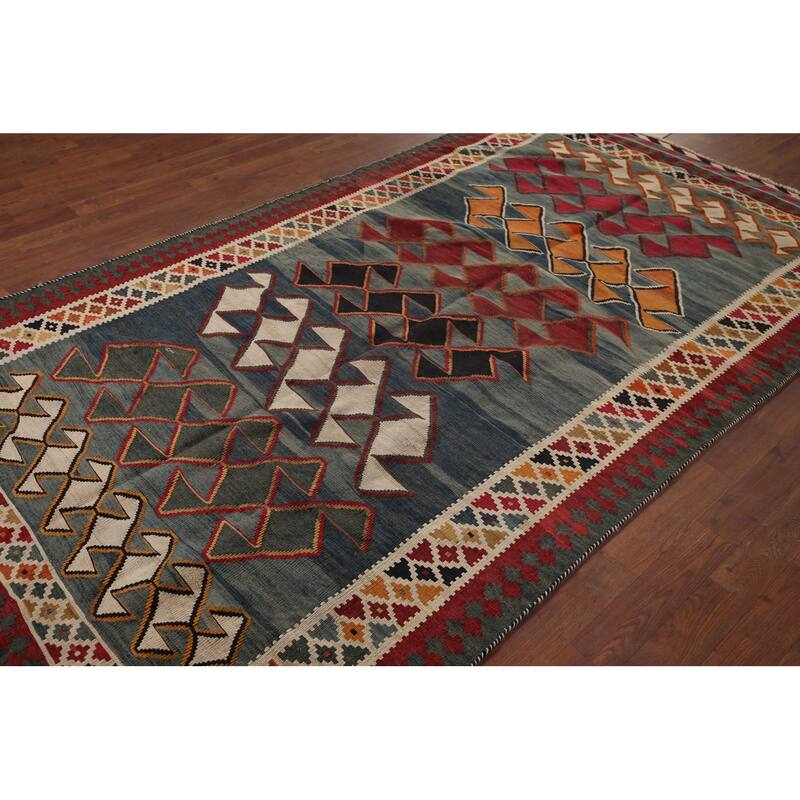Kilim Qashqai Persian Vintage Rug Hand-Woven Blue Wool Carpet - 4'9"x 8'9"