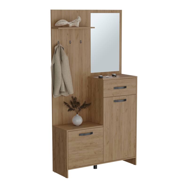 Elegant Hall Tree with 2 Doors, 1 Drawer, 1 Shelf, and Mirror - Practical Storage Solution for Entryways and Hallways