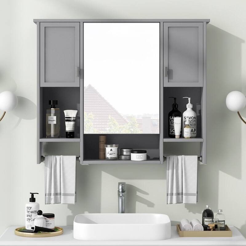 Grondin Modern Style Bathroom Wall Mounted Medicine Cabinet with Mirror Door, Towel Bars and Open Storage Shelves - Grey
