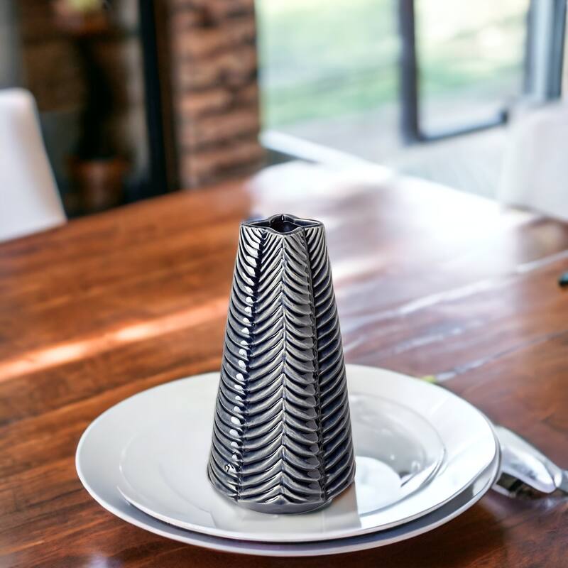 HomeRoots 10" Navy Blue Abstract Cylinder Ceramic Table Vase